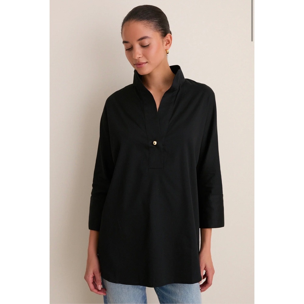 Tuckernuck Black Willow Blouse Top XS Ashford 3/4 Sleeve Gold Button V-Neck Top